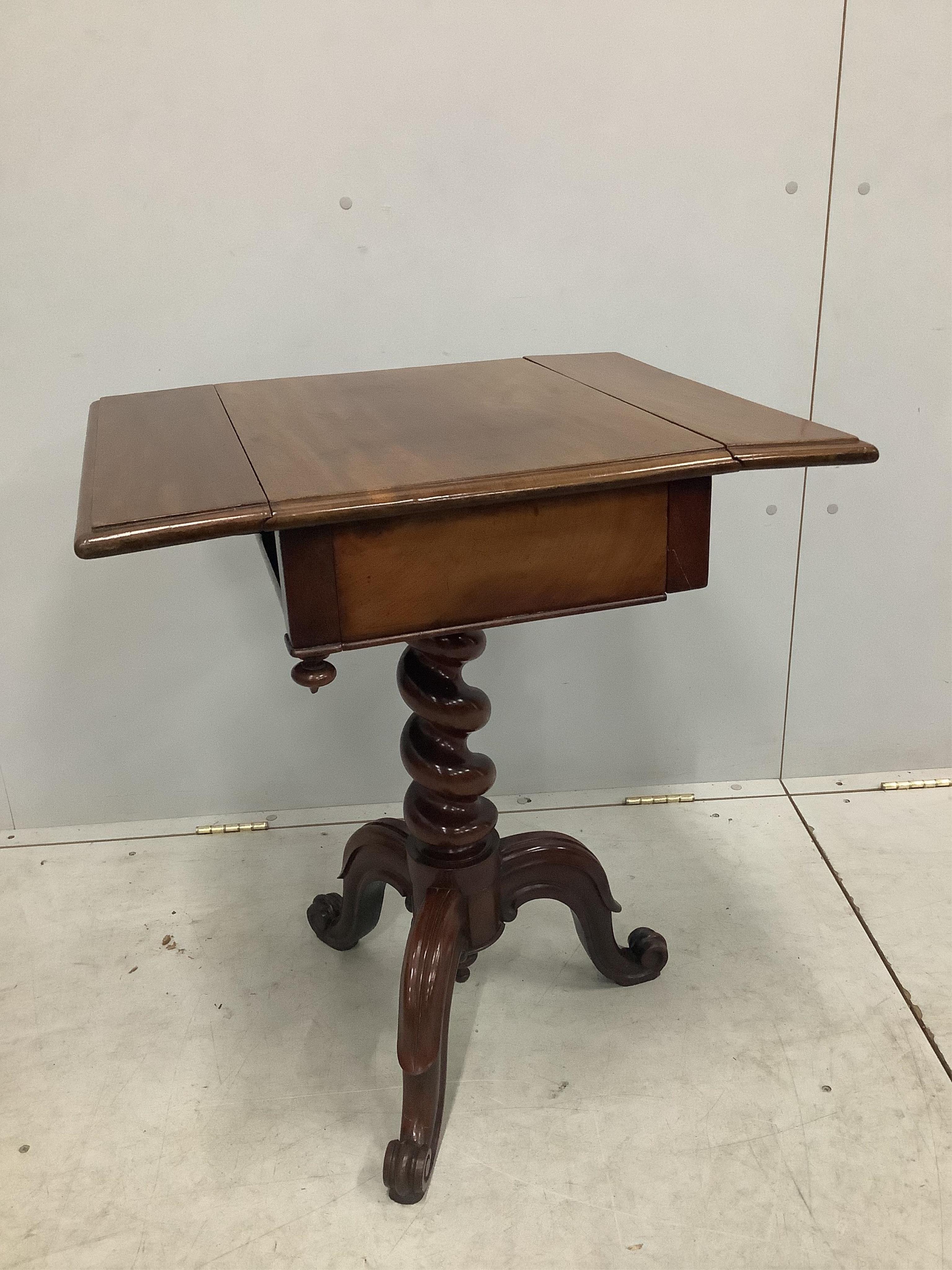 A Victorian mahogany drop flap side table, width 63cm, extended, depth 53cm, height 73cm. Condition - fair to good